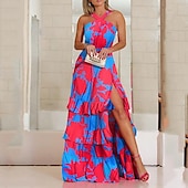 cheap Formal Dresses-Women&#039;s Swing Dress Maxi long Dress Blue Sleeveless Print Abstract Layered Split Cold Shoulder Spring Summer Halter Neck Cold Shoulder Personalized Stylish Vacation 2023 S M L XL XXL / 3D Print
