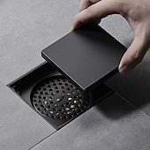 cheap Drains-4 inch Shower Floor Drain Square, Removable Brass Flange Reversible 2-in-1 Cover Tile Insert Grate, Hair Catcher Strainer Black Chrome Golden