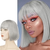 cheap Black &amp; African Wigs-Short Straight Bob Wigs 11 inch Synthetic with Bangs Daily Party Cosplay Hair Wig for Black Women silver gray
