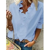 economico Top eleganti-camicetta da donna camicia scollo a v lattuga bordo semplice moderno scollo a v regolare primavera&amp;amp;  autunno verde blu bianco arancione