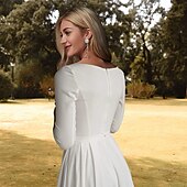 cheap Casual Wedding Dresses-Hall Casual Wedding Dresses A-Line Scoop Neck 3/4 Length Sleeve Sweep / Brush Train Stretch Fabric Bridal Gowns With Pleats Solid Color 2025
