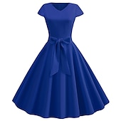 tanie Sukienki-Retro / vintage Lata 50. Sukienka z linii Rockabilly Sukienka huśtawka Krótki kimonowy Łuk Równina W serek Strój na bal maskowy Damskie Bal maskowy Spotkanie towarzyskie Herbaciane przyjęcie Codzienne