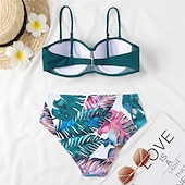 billige Bikinisett-Dame Normal Badetøy Bikini 2 stk Frekk Badedrakt 2 deler Åben Ryg Sexy Printer Høy midje Ferie Mote Blomstret Blader Med stropper Ermeløs Badedrakter