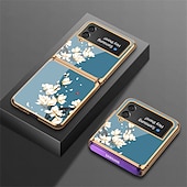 Недорогие Чехлы для Samsung-телефон Кейс для Назначение SSamsung Galaxy Z Flip 5 Z Flip 4 Z Flip 3 Кейс на заднюю панель Флип Мода Защитная пленка для объектива камеры Цветы Закаленное стекло