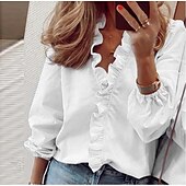 economico Top eleganti-camicetta da donna camicia scollo a v lattuga bordo semplice moderno scollo a v regolare primavera&amp;amp;  autunno verde blu bianco arancione
