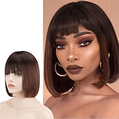 cheap Black &amp; African Wigs-Short Straight Bob Wigs 11 inch Synthetic with Bangs Daily Party Cosplay Hair Wig for Black Women silver gray