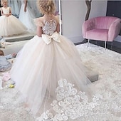 cheap Flower Girl&#039;s Dresses-Flower Girl Dress Girls&#039; First Communion Dress Party Dress Performance Wedding Party Princess Sweet Mesh Solid Color Sleeveless Crew Neck White Champagne 2-12 Years