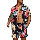 お買い得  メンズプリントシャツセット-男性用 グラフィック シュロの葉 熱帯植物 2個 シャツセット アロハシャツ 半袖 ショートパンツ 折襟 デザイナー ビーチスタイル バケーション カジュアル 日常 3D 夏 シルバー レッド-ホワイト グリーン-ブラック