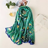 cheap Scarves-1pcs New Soft Peacock Feather Printed Silk Shawls Women Foulard Fashion Sunscreen Female Scarf Stoles Hijab Headscarf Bag Scarves
