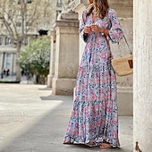 billige Boho-kjoler-Dame Maxikjole Uformell kjole Boho elegante kjoler Langermet Boho-kjole Boho-kjole Elegant Bohem Stilfull Vinter kjole Feriereise Daglig Normal Blomstret Langermet V-hals Rosa Grønn Høst Vinter
