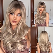 economico Parrucche trendy sintetiche-parrucche ondulate lunghe castane ombre capelli con frangia ramato nero biondo onda bianca parrucche attaccatura dei capelli naturale per le donne parrucche barbiecore