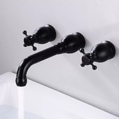 economico Da muro-rubinetto miscelatore lavabo a parete, rubinetti per lavabo diffusi ottone vintage 2 maniglie 3 fori lavabo lavabo rubinetto con tubo acqua calda fredda retrò antico