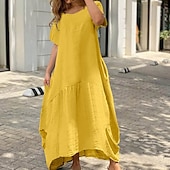 Недорогие Роскошные Платья-Жен. Черный Белый Желтый Лето Весна Длинное платье Белое платье Платья из хлопка и льна Хлопковое летнее платье На каждый день Повседневные Отпуск На выход Свободное облегание Чистый цвет