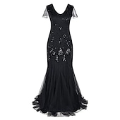 abordables Vestidos de los años 20-Rugido 20s 1920s Maxi Hasta el Tobillo Vestidos Vestido de noche Vestido de fiesta de graduación Normal Mangas cortas El gran Gatsby charlestón Invitado a la boda Lentejuelas Geométrico Corte