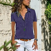 ieftine Topuri simple pentru femei-bluză de damă buzunar uni guler cămașă zilnică mânecă de tricou albastru deschis de vară negru violet roșu închis roz