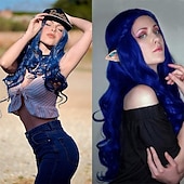 levne Párty paruky-Modré paruky pro ženy dlouhé kudrnaté vlnité střední část syntetické přirozeně vypadající odolné vůči teplu párty cosplay paruky halloweenské paruky