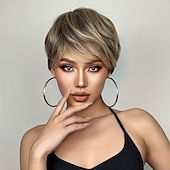 tanie Peruki syntetyczne modne-Haircube krótkie proste peruki ombre brązowe włosy syntetyczne peruki z grzywką dla czarnych kobiet codziennie cosplay żaroodporne naturalne włosy peruki boże narodzenie party peruki