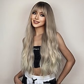 economico Parrucche trendy sintetiche-parrucche sintetiche lunghe nere per le donne parrucca ondulata di capelli naturali con frangia parrucca di capelli neri resistente al calore cosplay 26 pollici parrucche per feste di natale