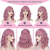 baratos Perucas de festa-Peruca Curta Onda Rosa com Franja Peruca Curta Bob Cacheada Rosa com Franja Peruca Onda Pastel para Mulheres Peruca Sintética Colorida Cosplay Perucas Halloween