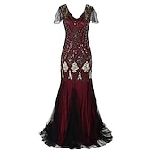 abordables Vestidos de los años 20-Rugido 20s 1920s Maxi Hasta el Tobillo Vestidos Vestido de noche Vestido de fiesta de graduación Normal Mangas cortas El gran Gatsby charlestón Invitado a la boda Lentejuelas Geométrico Corte