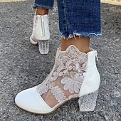 baratos Botas de tornozelo-botins femininos de renda branca com salto bloco transparente - perfeitos para casamentos e eventos especiais