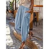 preiswerte Schlichte Hose aus Baumwollleinen-Damenhose aus Baumwollleinen mit Seitentaschen, weites Bein, locker lässig, Sommer, Herbst, Weiß, Hellblau, S, 2XL