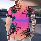 お買い得  熱帯植物-男性用 自然风光 ヤシの木 サンセット シャツ アロハシャツ 半袖 シャツ スタンド ファッション ハワイアン デザイナー アウトドア バケーション カジュアル ライトピンク イエロー ブラック/パープル 3Dプリント S M L