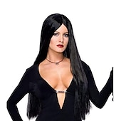 levne Paruky filmových postav-dospělý addams family deluxe morticia paruka dlouhé černé syntetické vlasy paruky halloween paruky