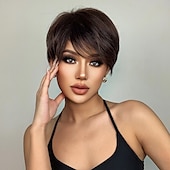 tanie Peruki syntetyczne modne-Haircube krótkie proste peruki ombre brązowe włosy syntetyczne peruki z grzywką dla czarnych kobiet codziennie cosplay żaroodporne naturalne włosy peruki boże narodzenie party peruki
