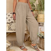 cheap Plain Cotton Linen Pant-Women&#039;s Cotton Linen Pants Baggy Pants Harem Pants Comfort Solid Color Pocket Elastic Waist Causal Black White Army Green Dark Navy Summer Spring Fall