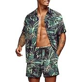 お買い得  メンズプリントシャツセット-男性用 グラフィック シュロの葉 熱帯植物 2個 シャツセット アロハシャツ 半袖 ショートパンツ 折襟 デザイナー ビーチスタイル バケーション カジュアル 日常 3D 夏 シルバー レッド-ホワイト グリーン-ブラック