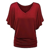 ieftine tricou simplu-tricou de damă plus mărime tricou visiniu îmbrăcăminte de stradă ocazional preppy mânecă liliac cu mânecă cu jumătate de mânecă obișnuit topuri obișnuite cu gât în v ieșiri zilnic în weekend negru