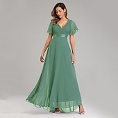 abordables Mariage Décontracté / de Jour-Robe de mariage en A-line froncée élégante pour les invitées de mariage mariage à la plage formelle cravate noire pour demoiselles d&#039;honneur longueur de sol manches courtes décolleté en V chiffon dos