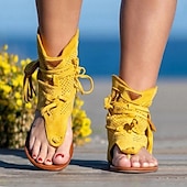 billiga Semester Sandaler-gladiatorsandaler i gul mocka med snörning för kvinnor med perforerad design, perfekt för sommarutflykter och strandsemester