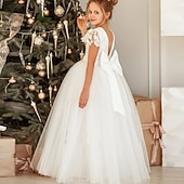preiswerte Kleider für die Blumenmädchen-Blumenmädchenkleid Mädchen Kleid Prinzessinenkleid Kleid für die Erstkommunion Party Kleid Leistung Hochzeit Party Prinzessin Süß Gitter Bedruckt Blume Kurzarm Rundhalsausschnitt Weiß 3-12 Jahre