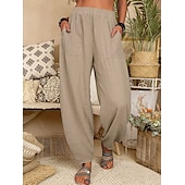 cheap Plain Cotton Linen Pant-Women&#039;s Cotton Linen Pants Baggy Pants Harem Pants Comfort Solid Color Pocket Elastic Waist Causal Black White Army Green Dark Navy Summer Spring Fall