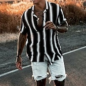 abordables chemise boutonnée pour homme-Homme Chemise Chemise d&#039;été Chemise à col cubain Chemise Boutonnée Chemise à col camp Chemises à rayures Noir / Blanc Bleu Orange Manche Courte Rayé Col Rabattu Rue Occasionnel Boutonné Vêtement Tenue