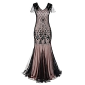 abordables Vestidos de los años 20-Rugido 20s 1920s Maxi Hasta el Tobillo Vestidos Vestido de noche Vestido de fiesta de graduación Normal Mangas cortas El gran Gatsby charlestón Invitado a la boda Lentejuelas Geométrico Corte