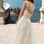 abordables robes de mariée décontractées-Robes de mariée ouvertes dans le dos en plage Robe en A Col en V Sans manches Traîne de cour Dentelle Robes de mariée avec applications 2025