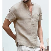 cheap Classic-Men&#039;s Linen Shirt Band Collar Shirt Summer Shirt Beach Wear Casual Shirt Solid Color Outdoor Street Black White Light Green Blue Short Sleeve Henley Summer Spring Clothing Apparel Button-Down