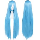 economico Parrucche Anime-Parrucca Lunga Verde Scuro di 100 cm con Frangia Parrucca Liscia Cosplay per Donne Ragazze Uomini Ragazzi Parrucca di Capelli Sintetici Costume per Anime Parrucche di Halloween Parrucche per il