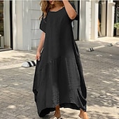 Недорогие Роскошные Платья-Жен. Черный Белый Желтый Лето Весна Длинное платье Белое платье Платья из хлопка и льна Хлопковое летнее платье На каждый день Повседневные Отпуск На выход Свободное облегание Чистый цвет