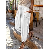 preiswerte Schlichte Hose aus Baumwollleinen-Damenhose aus Baumwollleinen mit Seitentaschen, weites Bein, locker lässig, Sommer, Herbst, Weiß, Hellblau, S, 2XL
