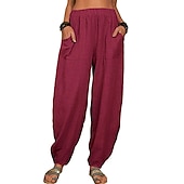 cheap Plain Cotton Linen Pant-Women&#039;s Cotton Linen Pants Baggy Pants Harem Pants Comfort Solid Color Pocket Elastic Waist Causal Black White Army Green Dark Navy Summer Spring Fall