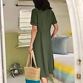 preiswerte Kleider-Damen Schwarz Weiß Armeegrün Sommer Frühling Herbst Maxikleid Leinen-inspirierte Kleider Freizeitkleid Baumwoll-Leinenkleid Elegant Basic Klassisch Outdoor Urlaub Täglich Normale Passform Einfarbig V