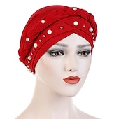 abordables Chapeaux-femmes de mode perles musulman écharpe hijabs chapeau femmes inde chapeau solide turban chapeau wrap cap tête écharpe foulard chapeau femelle cheveux accessoires