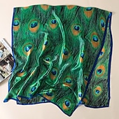 cheap Scarves-1pcs New Soft Peacock Feather Printed Silk Shawls Women Foulard Fashion Sunscreen Female Scarf Stoles Hijab Headscarf Bag Scarves