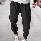 baratos Clássico-Homens Corredor Calças de linho Calças Calça verão Com Cordão Cintura elástica Tecido Conforto Respirável Diário Praia Moda Roupa de rua ダークカーキ Preto Micro-Elástica