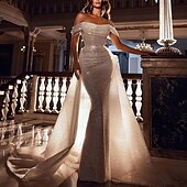 abordables Champagne-Robe de soirée sirène à sequins Robe luxueuse Fête de mariage Traîne balayante  brossée Manches courtes Épaule dénudée Détachable avec jupe de dessous Robe de bal masquée 2025