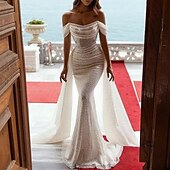 abordables Champagne-Robe de soirée sirène à sequins Robe luxueuse Fête de mariage Traîne balayante  brossée Manches courtes Épaule dénudée Détachable avec jupe de dessous Robe de bal masquée 2025